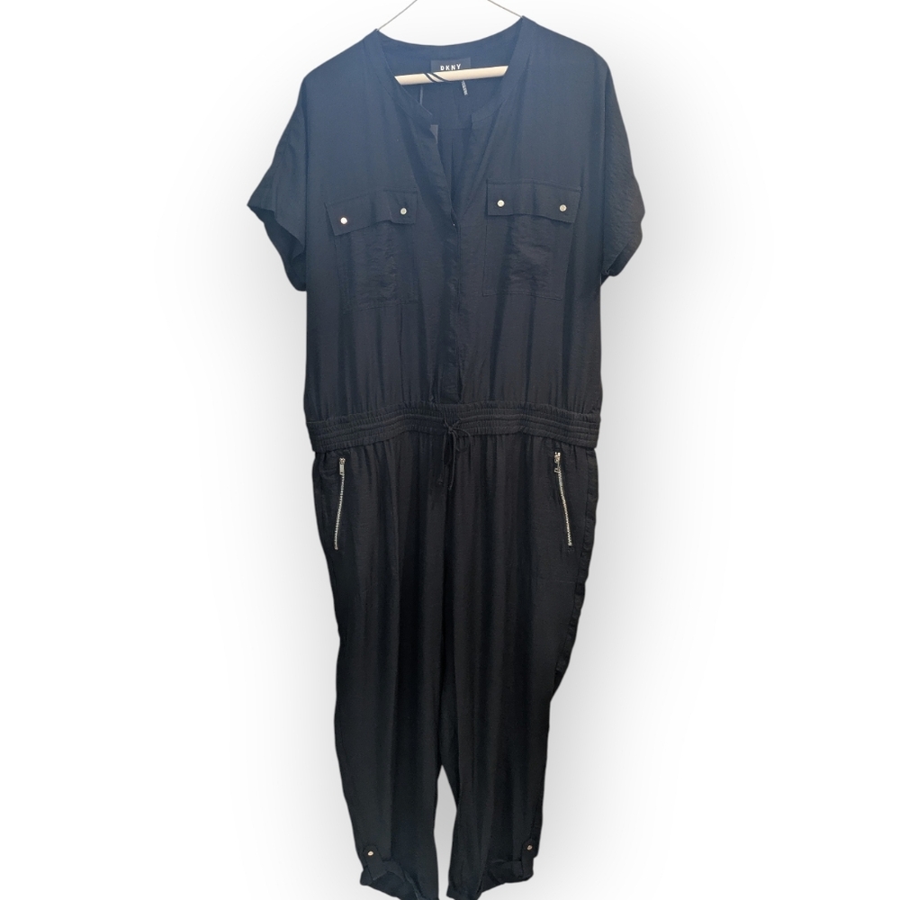 DKNY Black V-Neck Button Down Short Sleeve Rolled Ankle Hem Jumpsuit Women's XL - Picture 3 of 16